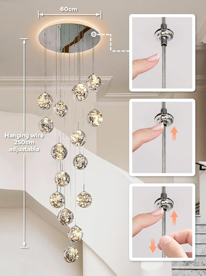 15-Light LED Staircase Chandelier Crystal Ceiling Lights Large Chandeliers for High Ceilings, Entryway Modern Lighting Fixture Villas and Stairs, Adjustable Length 23" W x100 H,75W