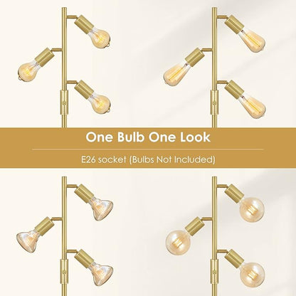 BoostArea Tree Floor Lamp, Brass Gold Industrial Floor Lamp, Modern Standing Lamp with Adjustable 3 Light, E26 Socket, Rotary Switch, Boho Stand Up Lamp Pole Lamps for Living Room, Bedroom (No Bulbs)