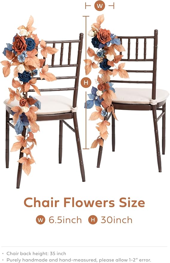 Ling's Moment Fall 10pcs Wedding Chair Decorations Aisle Floral Swag Artificial Pew Flowers Hanging Garland Terracotta Burnt Orange & Navy Blue for Ceremony Reception Church Rose Floral Party Outdoor
