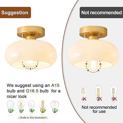 Mid-Century Modern Gold Semi Flush Mount Ceiling Light, Kitchen Ceiling Light Fixture with Glass Shade, Mini White Close to Ceiling Lamp for Entryway Hallway Bathroom (8.66 Inch)