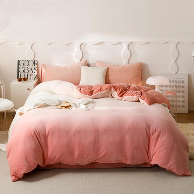 CLOTHKNOW Pink White Velvet Queen Comforter Set Fluffy Bedding Comforter Sets Soft Pink White Comforter with 2 x Pillow Cases