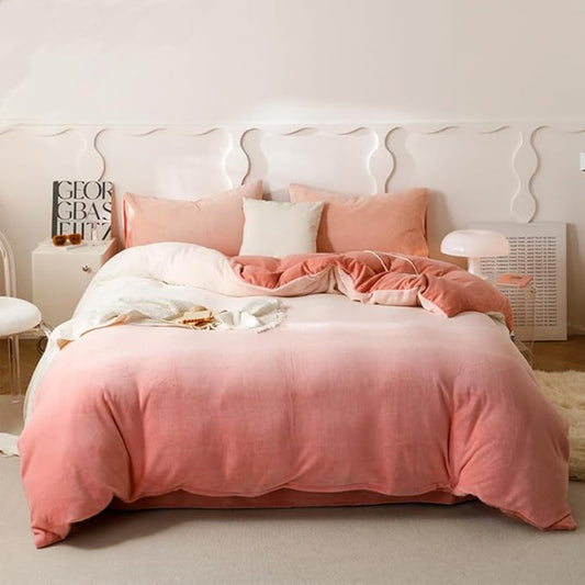 CLOTHKNOW Pink White Velvet Queen Comforter Set Fluffy Bedding Comforter Sets Soft Pink White Comforter with 2 x Pillow Cases