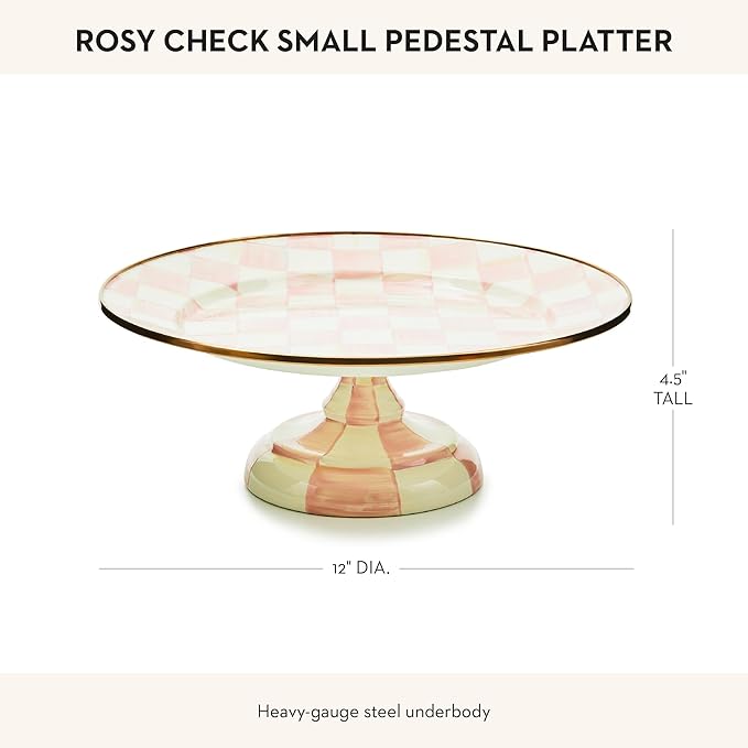 MACKENZIE-CHILDS Enamel Pedestal Platter, Round Cake Stand, Small, Pink-and-White Rosy Check