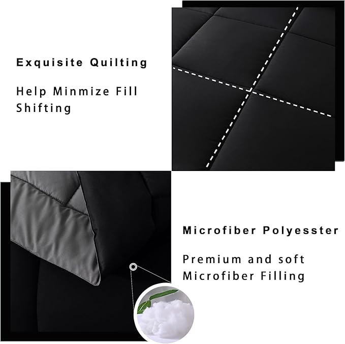 DOWNCOOL 3-Piece Queen Comforter Set - Down Alternative, Black/Grey