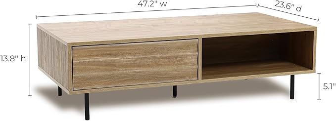 LuxenHome Mid-Century Modern Coffee Table with Storage, Wave Design Farmhouse Wood Center Table with Metal Legs, Open Shelf & Drawer, Accent Tea Table for Living Room, Rustic & Functional Design