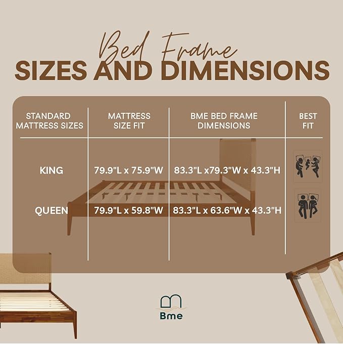 Bme Selina King Bed Frame and Headboard - Handcrafted Paper Cord Headboard, 12-Slat Support, No Box Spring Needed - Easy Assembly, Dark Chocolate