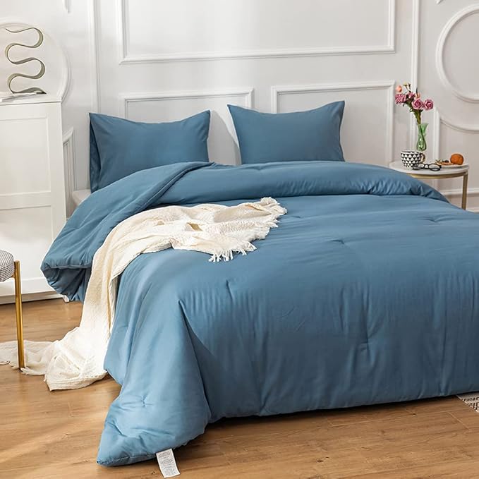 Pureant Blue Comforter Set Twin 3Pcs Dusty Blue Bedding Comforter Sets for Women Men Cotton Lake Blue Twin Comforter Soft Grayish Blue Twin Size Comforter Sets Solid Haze Blue Quilt Breathable