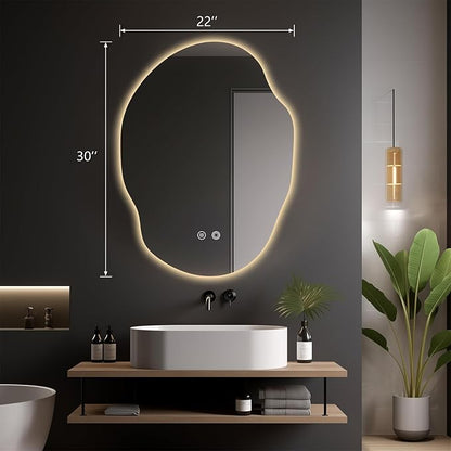 Irregular LED Bathroom Mirror with Lights,Asymmetrical Led Bathroom Vanity Mirror for Wall with Front and Backlit, Anti Fog, 3 Colors and Dimmable Light,[Horizontal/Vertical] 30" H x 22" W