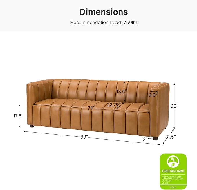 HULALA HOME 83" Genuine Leather Sofa with Channel Tufted Design, 3-Seater Sofa for Living Room Bedroom, Modern Oversized Couch with Wood Legs, Camel