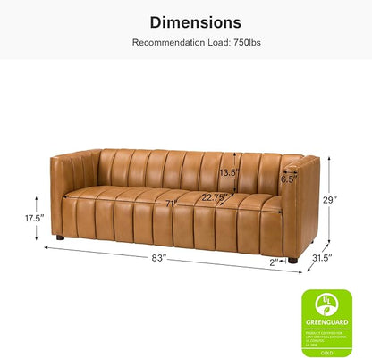 HULALA HOME 83" Genuine Leather Sofa with Channel Tufted Design, 3-Seater Sofa for Living Room Bedroom, Modern Oversized Couch with Wood Legs, Camel