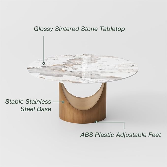 POVISON Round Glossy Pandora Dining Table for 4, 51" Sintered Stone Tabletop Dining Table with Bronze Carbon Steel Pedestal (Table Only)