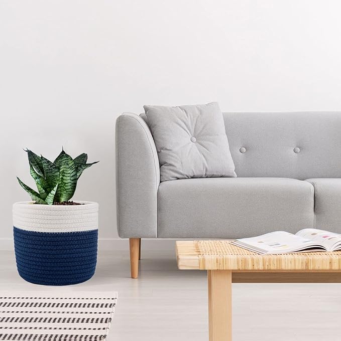 Cotton Rope Plant Basket Woven Baskets for 6" Pot Floor Indoor Planters,Rustic Home Decor H6 3/4" x W6 1/2" White Stitching Navy Blue