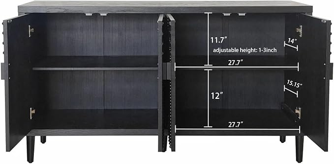 60" Sideboard Buffet Accent Cabinet, Antique Black Entryway Table with Storage Wood Credenzas for Living Room Home Bar, 4 Doors & Adjustable Shelves