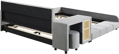 Merax Full Upholstered Grounded Bed Mother & Child, Gray Velvet