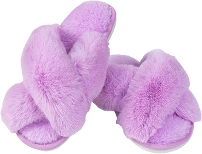 Women's Slipper Memory Foam Cross Band Fuzzy Slippers Open Toe Cozy House Slippers Cozy Plush Bedroom Indoor Outdoor