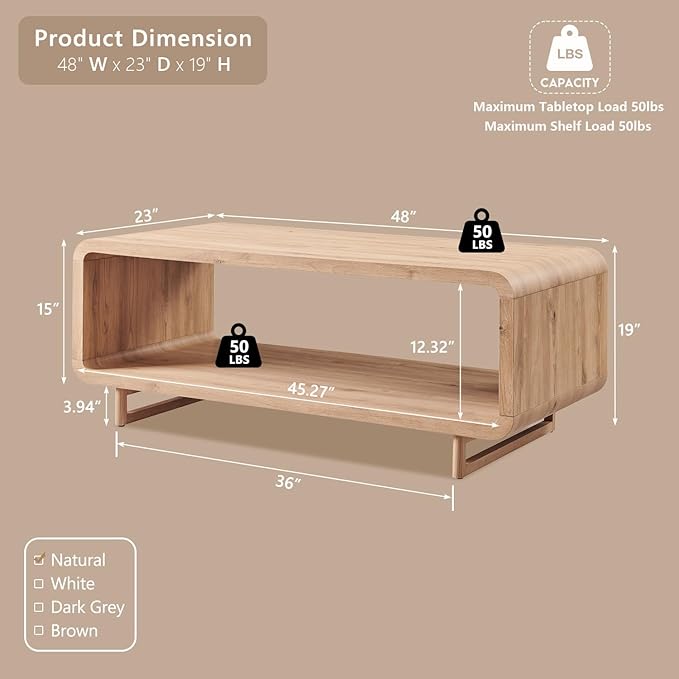 48" Modern Coffee Table, 2-Tier Minimalist Center Table with Storage Shelf, Curved Profile Design, Wooden Rectangular Living Room Table w/Wood Thick Design for Living Room, Office, Natural Oak