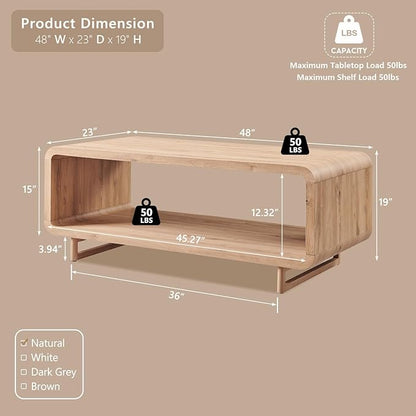 48" Modern Coffee Table, 2-Tier Minimalist Center Table with Storage Shelf, Curved Profile Design, Wooden Rectangular Living Room Table w/Wood Thick Design for Living Room, Office, Natural Oak