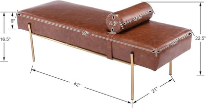 Modern End of Bed Bench, Upholstered Entryway Bench with Detachable Pillow for Living Room, PU Leather Ottoman Bench with Gold Metal Legs, Comfy Cushion Bedroom Decoration Benches (Brown)