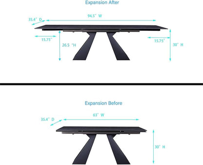 Extendable Dining Table for 8-12 Seat Flexible Stretch Tabletop Made from Sintered stone Tempered Glass Solid Carbon Steel Base, Dark Grey