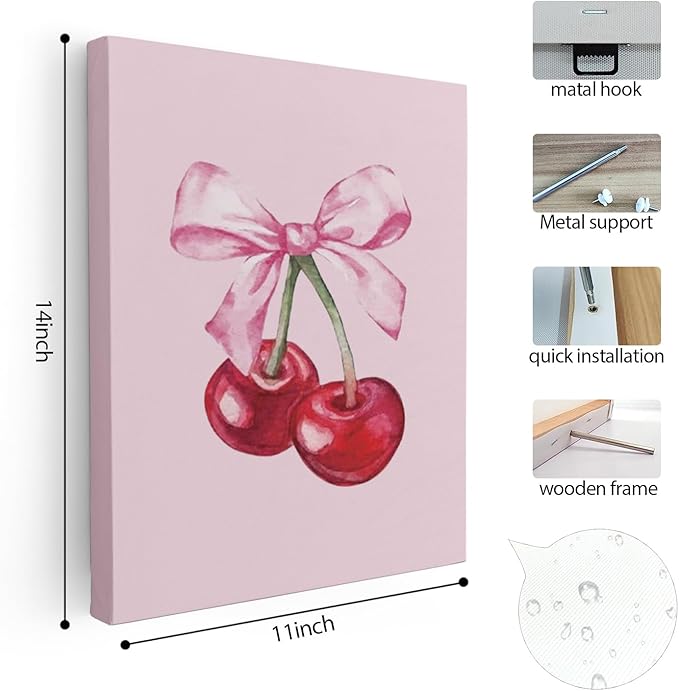 APJYM Coquette Pink Bow Cherry Preppy Wall Art, Room Decor Aesthetic, Posters for Teen Girls Bedroom, 11x14 Inches Framed