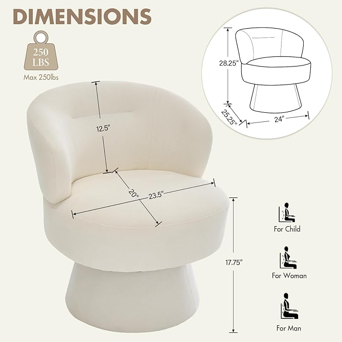 360° Swivel Accent Chairs, Modern Chenille Upholstered Boucle Dining Chair with Back, Vanity Chair Accent Armchair Side Chairs for Dining/Living Room, Bedroom, White