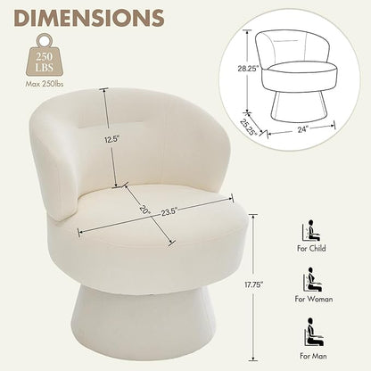 360° Swivel Accent Chairs, Modern Chenille Upholstered Boucle Dining Chair with Back, Vanity Chair Accent Armchair Side Chairs for Dining/Living Room, Bedroom, White