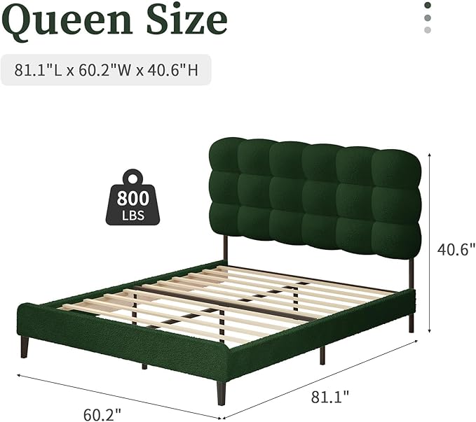 BarnFurin Queen Bed Frame with Upholstered Headboard, Teddy Soft Boucle Fabric, Platform Bed with Strong Wooden Slats Support, Two Bed Forms Design, No Boxing Spring Needed, Easy Assembly, Green