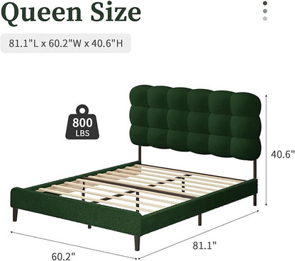 BarnFurin Queen Bed Frame with Upholstered Headboard, Teddy Soft Boucle Fabric, Platform Bed with Strong Wooden Slats Support, Two Bed Forms Design, No Boxing Spring Needed, Easy Assembly, Green