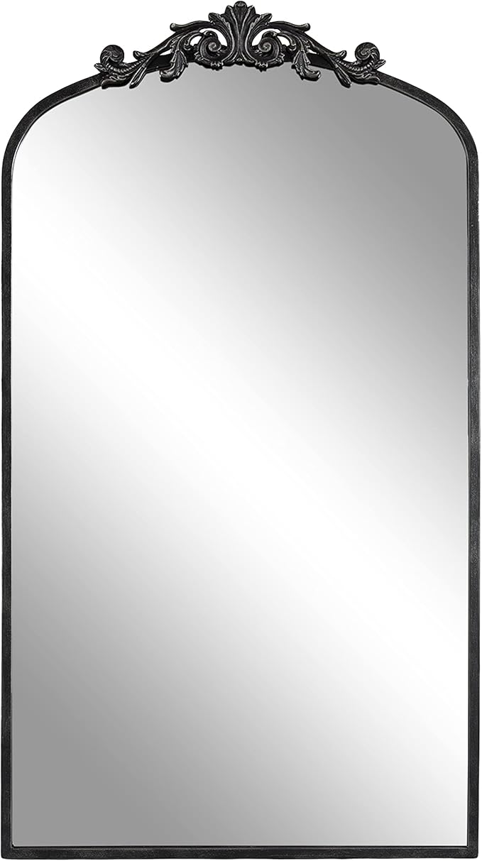 Kate and Laurel Arendahl Vintage Glam Arched Tall Panel Mirror; 24 x 42; Antique Black; Traditional Baroque Large Body Wall Mirror with Ornate Garland Inspired Crown