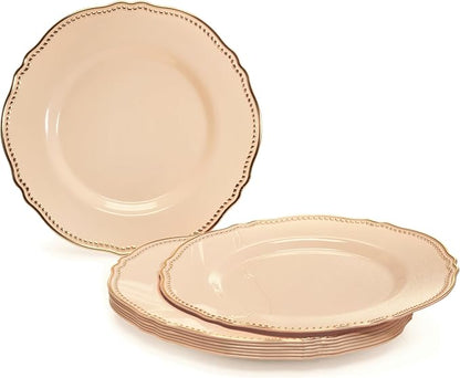" OCCASIONS " 50 Plates Pack (25 Guests)-Heavyweight Wedding Party Disposable Plastic Plate Set -25 x 10.25'' Dinner + 25 x 7.5'' Salad/dessert plates (Rochelle Antique Rose and Gold)