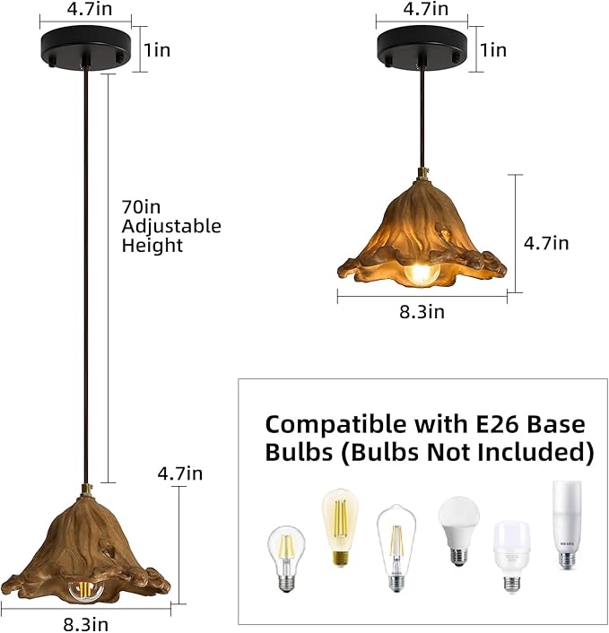 Wabi Sabi Pendant Lights,8.3in Brown Retro Ruffled Pendant Light Hanging Lamp Kitchen Island Farmhouse Vintage Light for Dining Room Bedroom Hallway Restaurant Foyer