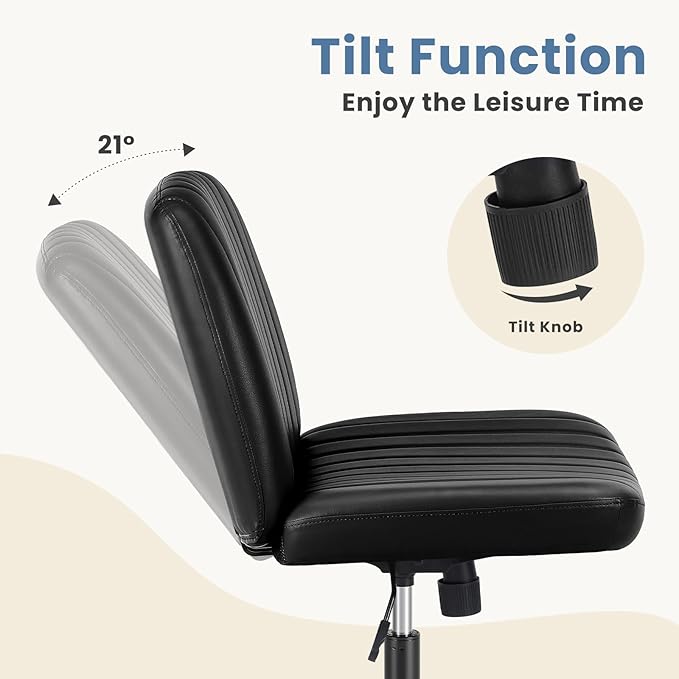DUMOS Desk Chair No Wheels, Criss Cross Chair Wide Cross Legged Desk Vanity Chair, PU Leather Armless Adjustable Swivel Chairs for Home Computer Task Black