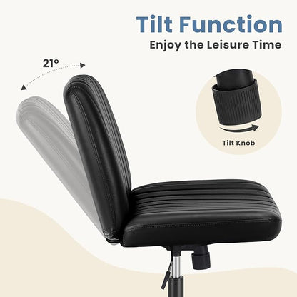 DUMOS Desk Chair No Wheels, Criss Cross Chair Wide Cross Legged Desk Vanity Chair, PU Leather Armless Adjustable Swivel Chairs for Home Computer Task Black