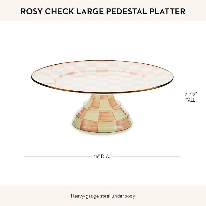 MACKENZIE-CHILDS Enamel Pedestal Platter, Round Cake Stand, Large, Pink-and-White Rosy Check