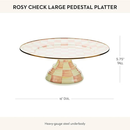 MACKENZIE-CHILDS Enamel Pedestal Platter, Round Cake Stand, Large, Pink-and-White Rosy Check