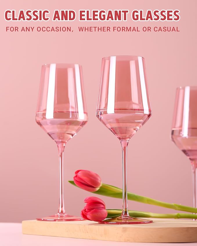 Physkoa Pink Wine Glasses Set of 6-15oz Hand Blown Crystal Colored Wine Glasses with Long Stem, Wedding, Birthday, Christmas Valentines Day Glassware Gifts for Lovers