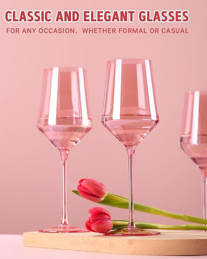 Physkoa Pink Wine Glasses Set of 6-15oz Hand Blown Crystal Colored Wine Glasses with Long Stem, Wedding, Birthday, Christmas Valentines Day Glassware Gifts for Lovers