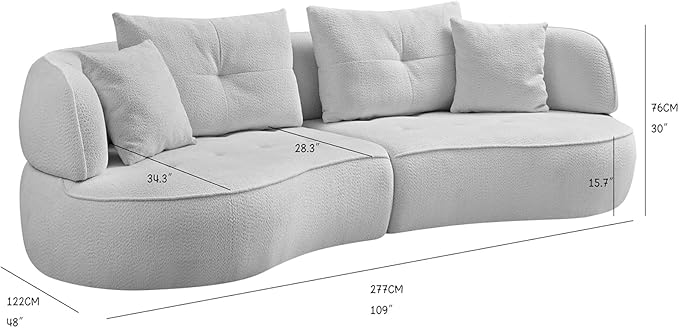 109" Modern Curved Sofa Sectional Couch, Luxury Comfy Boucle Upholstered Couches, Oversized 3 Seater Minimalist Deep Seat Modular Sofas for Living Room,Bedroom, Home Office, Apartment, White