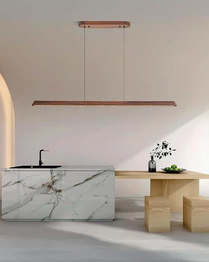 59" Wood Linear Pendant Light, Dimmable Kitchen Island Lighting with Remote, 30W LED Island Lights for Kitchen, Adjustable Linear Chandelier for Dinning Room Light Fixture, Bar, Pool Table Light