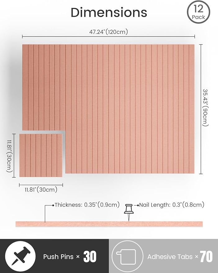 Bumusty Large Cork Board Alternative-47 x35 Felt Bulletin Board Tiles, with 30 Pushpins, 70 Adhesive Tabs, 12-Pack Slat Wall Paneling, Cork Boards for Office Push Pin Board Felt Board-Pink