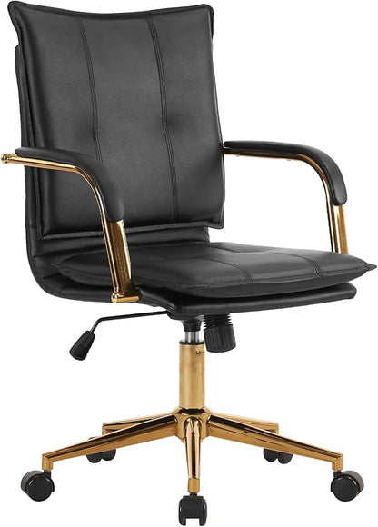 MOJAY Mid-Back Ergonomic Leather Desk Chair, Modern Upholstered Computer Chair, Executive Office Chair with Arms, Swivel Adjustable Rolling Chair with Gold Base (Black)