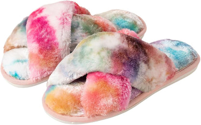 Women's Slipper Memory Foam Cross Band Fuzzy Slippers Open Toe Cozy House Slippers Cozy Plush Bedroom Indoor Outdoor