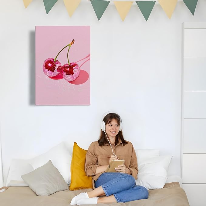 APJYM Trendy Hot Pink Disco Ball Cherry Wall Art, Preppy Room Decor, Y2K Room Decor, Funky Y2K Aesthetic Wall Art for Girls Bedroom Dorm Apartment, 16x24 Inches Framed