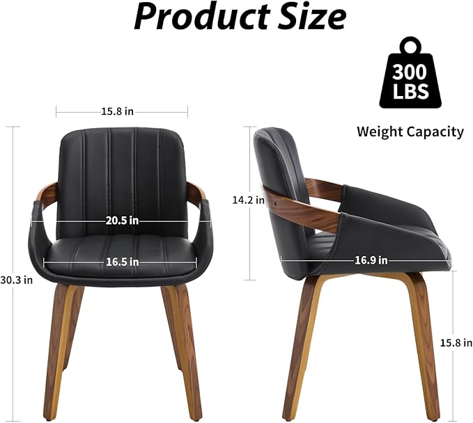 Dining Chairs Set of 2, Mid Century Modern Dining Room Chairs with Arms and Mid Back PU Leather Upholstered Bentwood Kitchen Chairs for Home Restaurant Office - Black