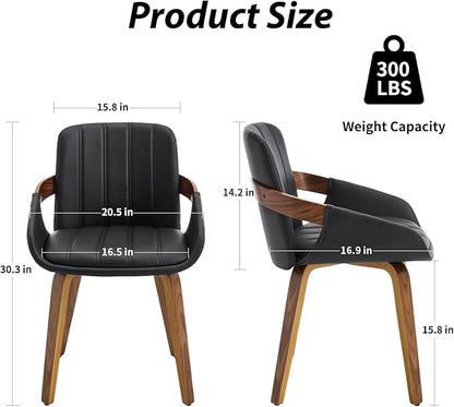 Dining Chairs Set of 2, Mid Century Modern Dining Room Chairs with Arms and Mid Back PU Leather Upholstered Bentwood Kitchen Chairs for Home Restaurant Office - Black