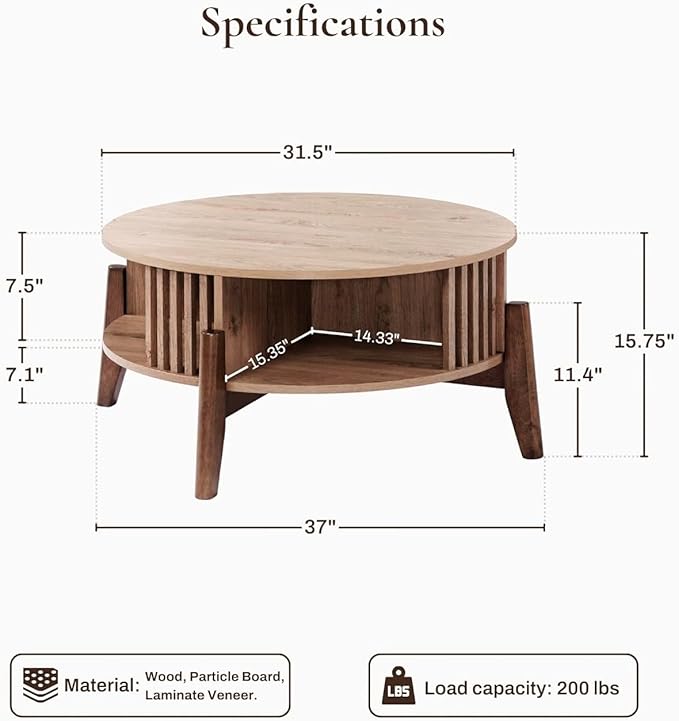 LuxenHome Round Coffee Table with Storage, 31.5" Oak Finish Wood Accent Tables with Wood Legs, Boho Center Table for Living Room, Wooden Circle Coffee Table with Open Storage for Home Office