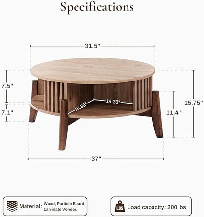 LuxenHome Round Coffee Table with Storage, 31.5" Oak Finish Wood Accent Tables with Wood Legs, Boho Center Table for Living Room, Wooden Circle Coffee Table with Open Storage for Home Office