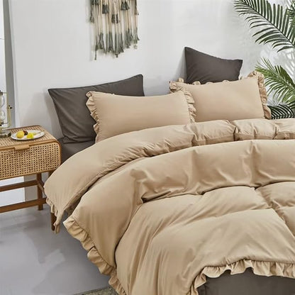 CLOTHKNOW Taupe Ruffles Twin/Twin XL Comforter Set 3Pcs Farmhouse Bedding Comforter Sets Soft Shabby Chic Comforter with 2 x Pillow Cases
