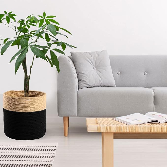 Woven Cotton Rope Plant Basket for 10.5" Flower Pot Floor Indoor Planters Flower Pot, Home Decor Storage Organizer H11 x W11 Black&Brown
