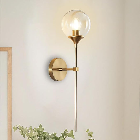 KCO Lighting Brushed Brass Gold Wall Mounted Sconce Mid Century Modern Wall Light Fixture Vintage Long Wall Lamp Amber Glass Wall Sconce Lighting Globe Round Wall Light (Amber)